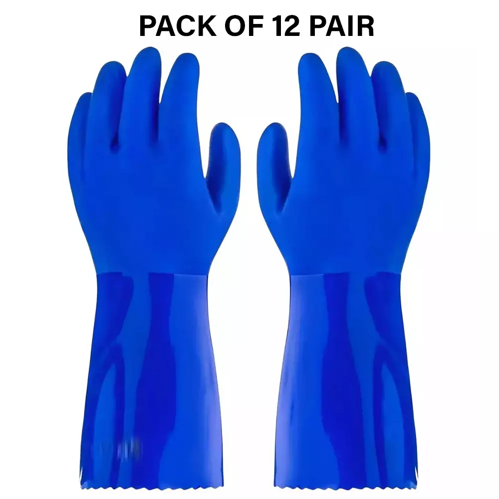 Swavind Safety Hand Gloves High-Quality PVC Textured Palm and Fingers 30 cm (12 inch) Length Blue Free Size (Pack of 12 Pair)