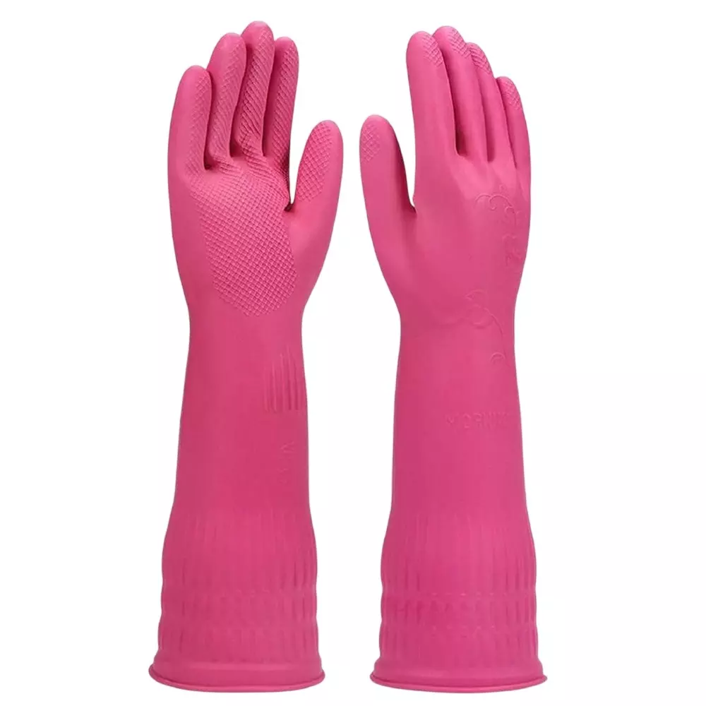 SWAVIND Natural Rubber Gloves with Scrubbing Cloth Reusable Pink, Large