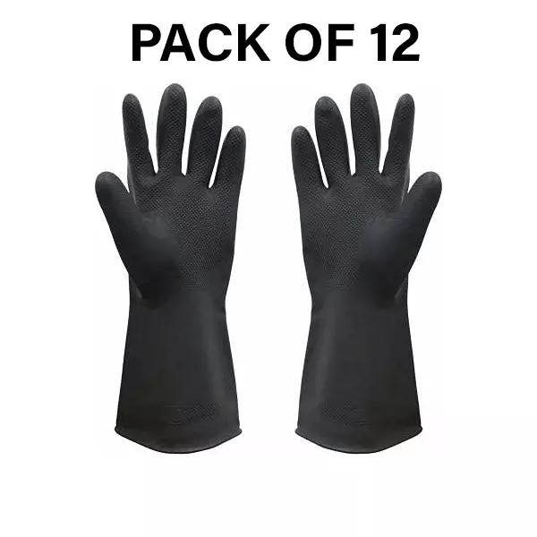 Laxmisafe Safety Hand Gloves High-Quality Natural Rubber Textured Grip Chemical Resistant Black Free Size (Pack of 12 Pair)