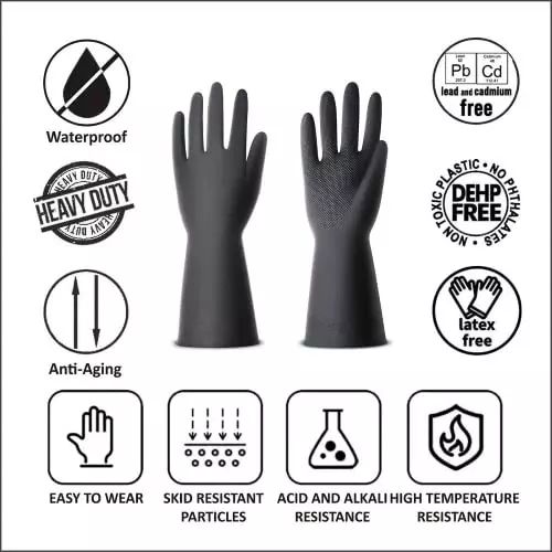 Laxmisafe Safety Hand Gloves High-Quality Natural Rubber Textured Grip Chemical Resistant Black Free Size