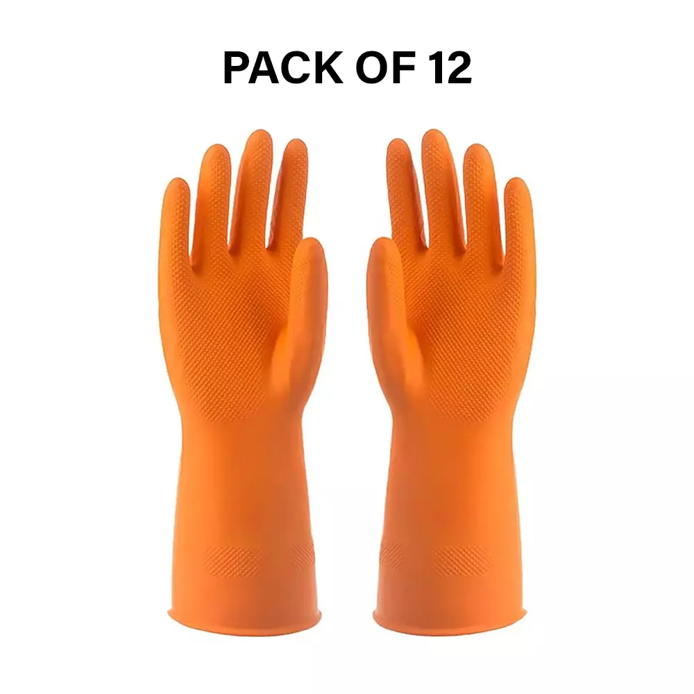 Laxmisafe Safety Hand Gloves High-Quality Natural Rubber Textured Grip Chemical Resistant Orange Free Size (Pack of 12 Pair)