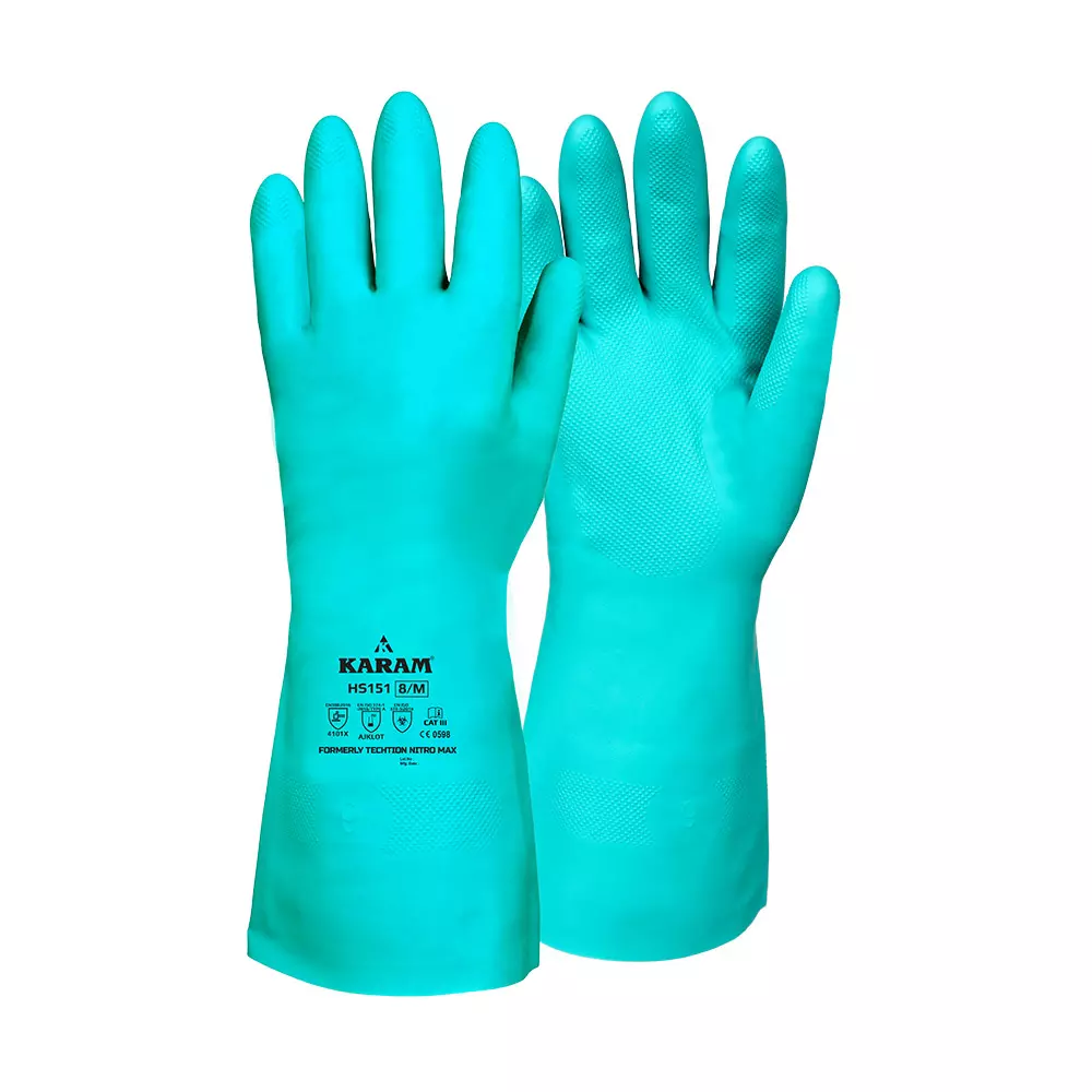 Karam Chemical Resistant Gloves Nitrile Coating Green 15 mil Liner Size L, HS151