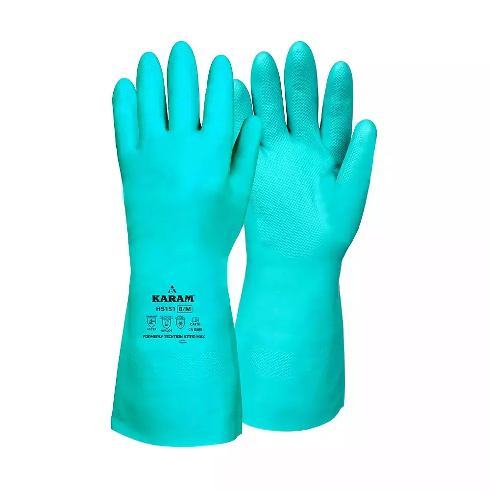 Karam Chemical Resistant Gloves Nitrile Coating Green 15 mil Liner Size L, HS151 (Pack of 10 Pair)