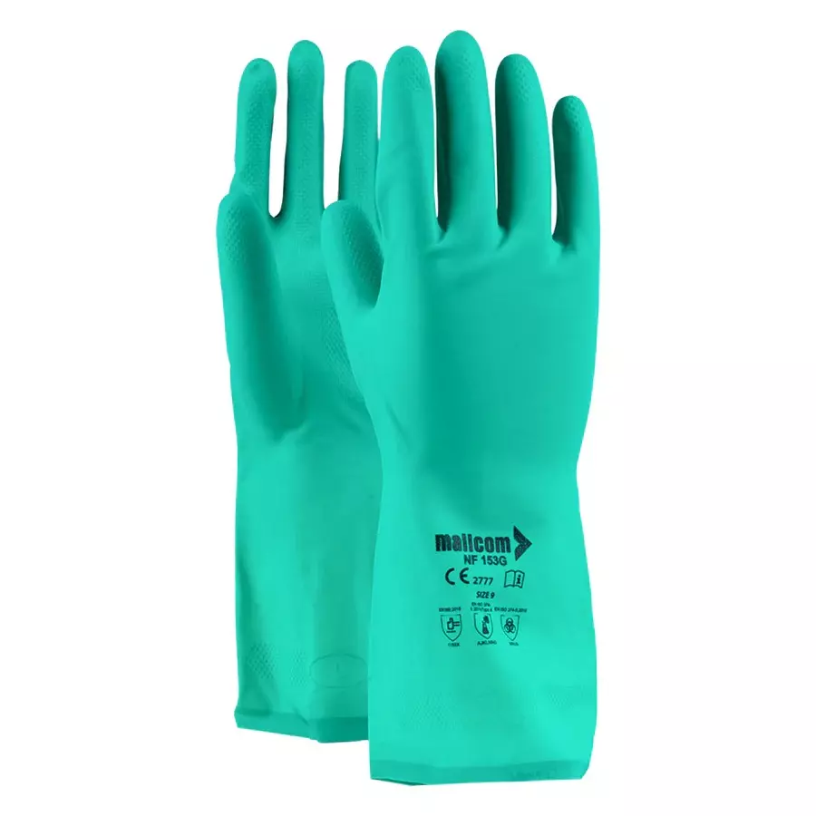 Mallcom Chemical Resistant Nitrile Safety Gloves Flock-lined Green M Size with Raised Diamond Grip, NF153G (Pack of 4 Pcs)