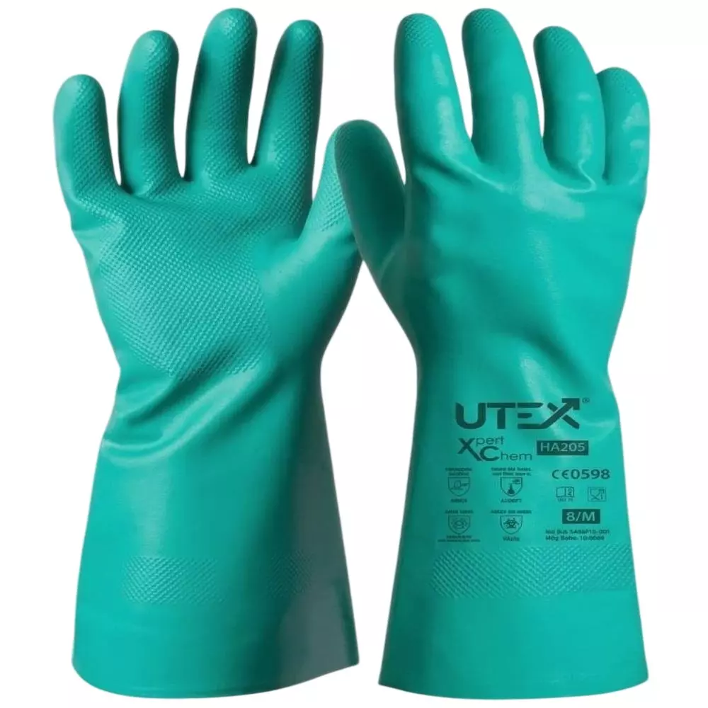 UTEX Xpert Chem Safety Hand Gloves Green 330 mm Length M Size Nitrile Rubber for Industrial Use, HA205 (Pack of 24 Pair)