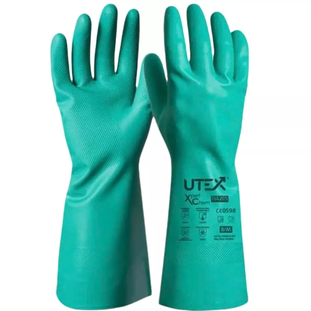 UTEX Xpert Chem Safety Hand Gloves Green 330 mm Length M Size Nitrile Rubber for Industrial Use, HA206 (Pack of 24 Pair)