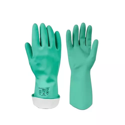Telly Essentials Chemical Resistant Nitrile Safety Gloves MNF71 L Size Flock Lined Green, TSSPL-HG- CHM-001