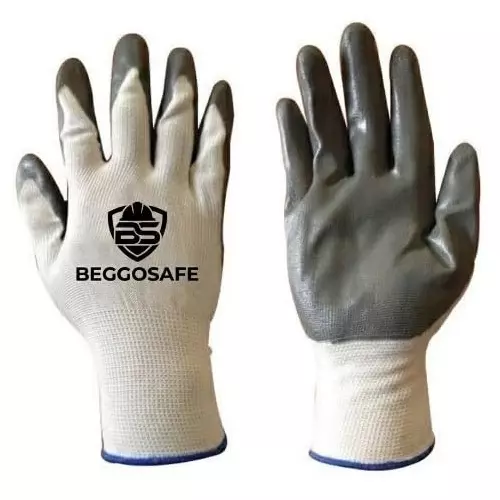 BEGGOSAFE Cut Resistant Gloves Nitrile Coated Rubber Material Reusable Grey & White Color Free Size (Pack of 60 Pair)