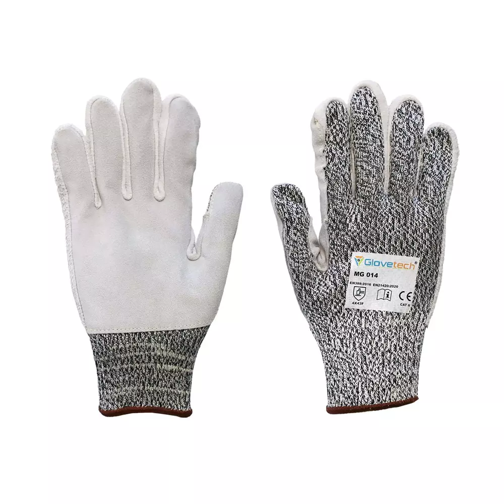 Glovetech Meta Glass Premium Cut Resistant Leather Palm Gloves Standard Coating White & Gray 3XL Size, MG 014 (Pack of 60 Pair)