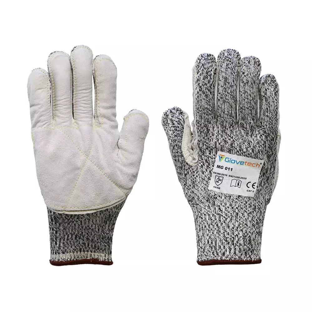 Glovetech Meta Glass Premium Cut Resistant Leather Palm Gloves Standard Coating White & Gray, MG 011, Pack of 60 Pair (Size: XS - 3XL)