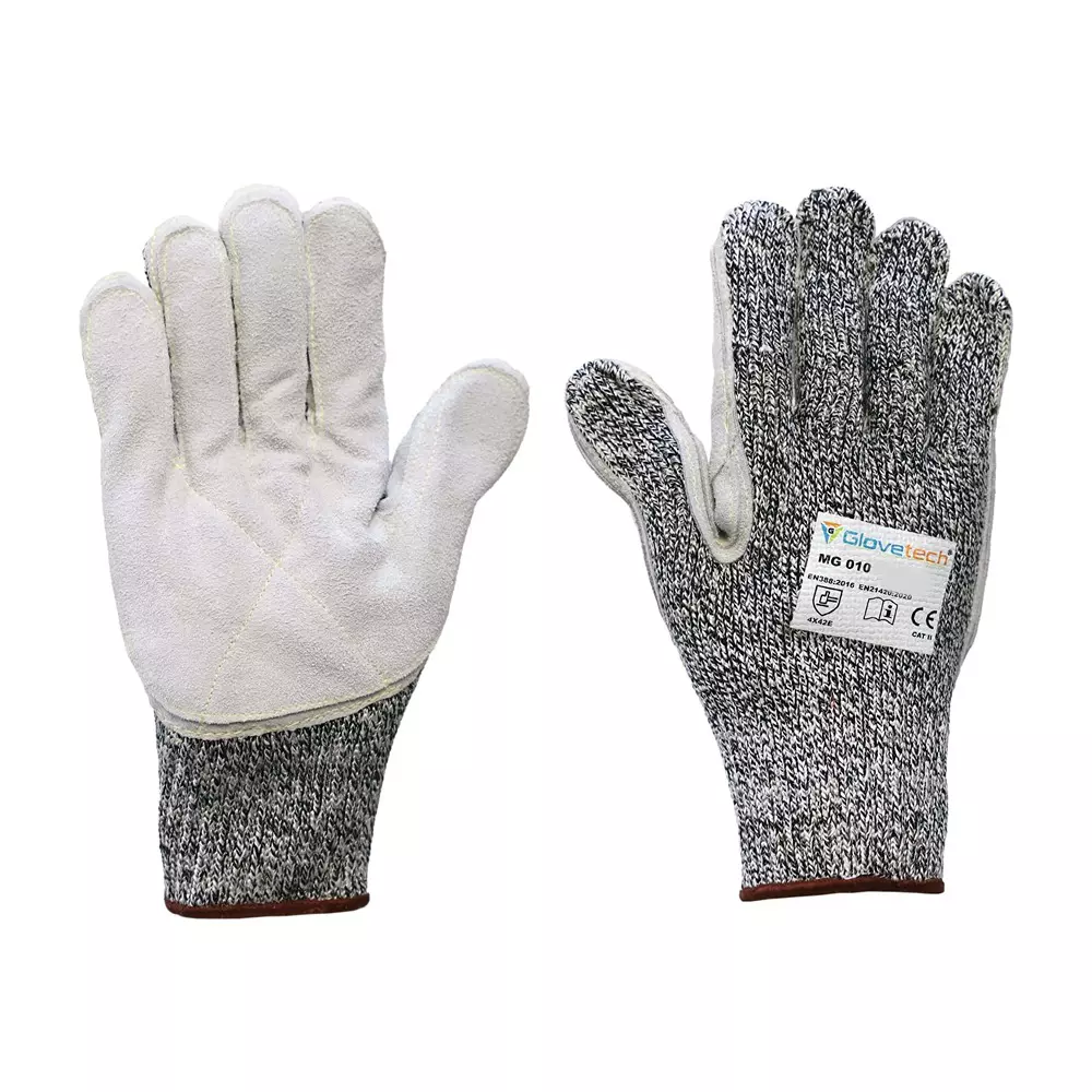 Glovetech Meta Glass Premium Cut Resistant Leather Palm Gloves Standard Coating White & Gray, MG 010, Pack of 60 Pair (Size: XS - 3XL)