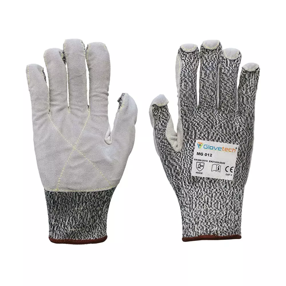 Glovetech Meta Glass Premium Cut Resistant Gloves HPPE liner with full Leather Protection White & Gray 3XL Size, MG 012 (Pack of 60 Pair)