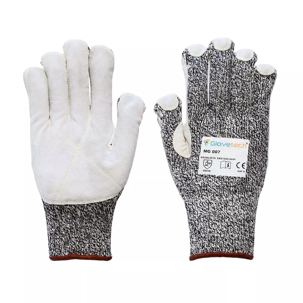 Glovetech Meta Glass Premium Cut Resistant Gloves with Reinforced Leather White & Gray, MG 007, Pack of 40 Pair (Size: XS - 3XL)