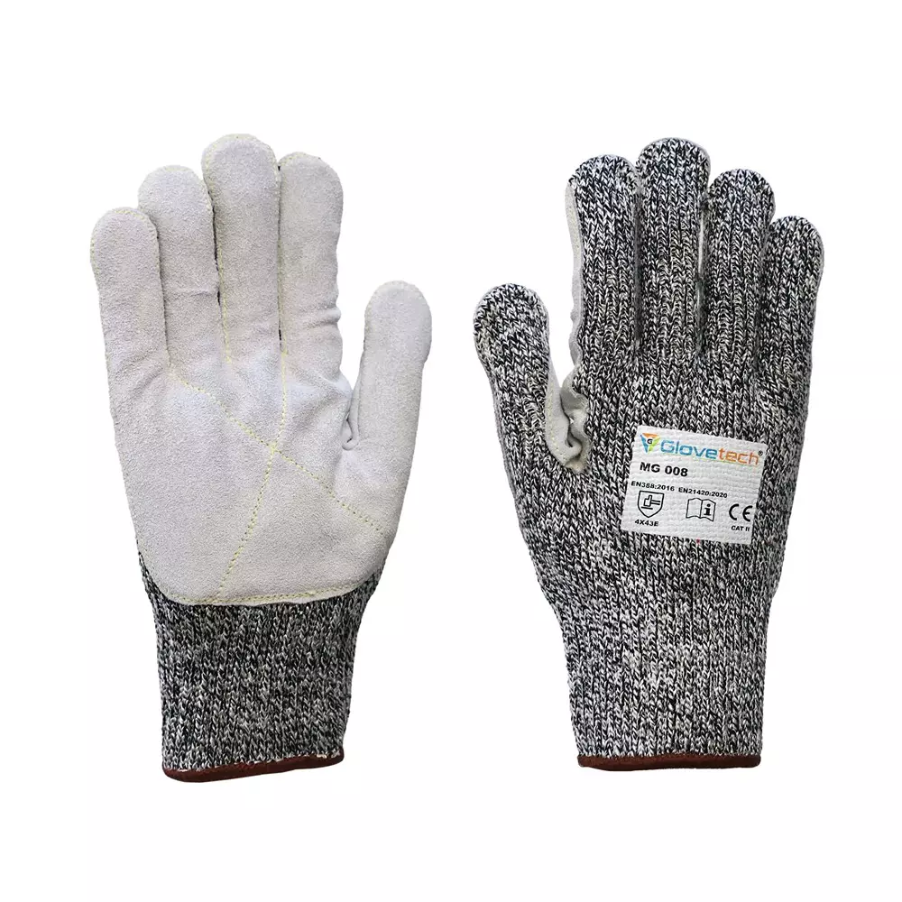 Glovetech Meta Glass Premium Cut Resistant Gloves with Reinforced Leather White & Gray, MG 008, Pack of 60 Pair (Size: XS - 3XL)