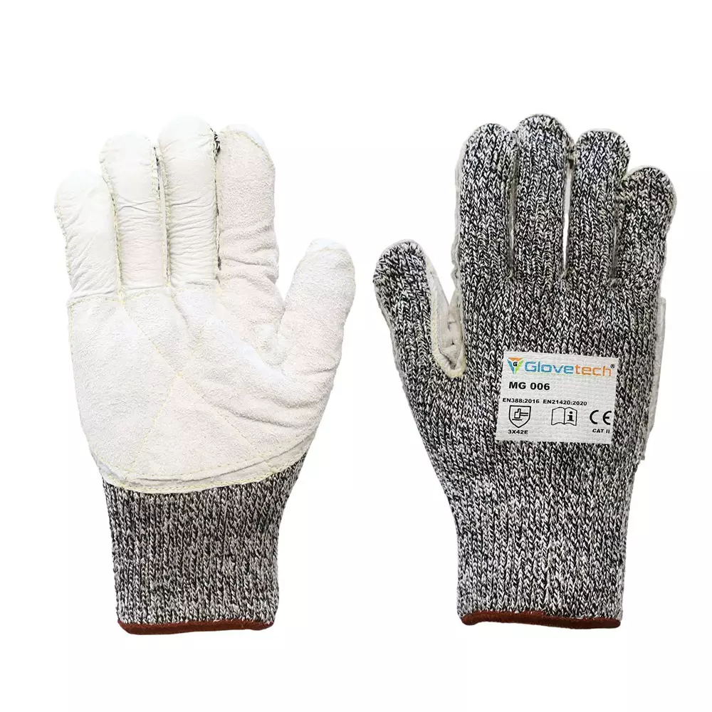 Glovetech Meta Glass Premium Cut Resistant Leather Palm Gloves Standard Coating White & Gray 3XL Size, MG 006 (Pack of 60 Pair)