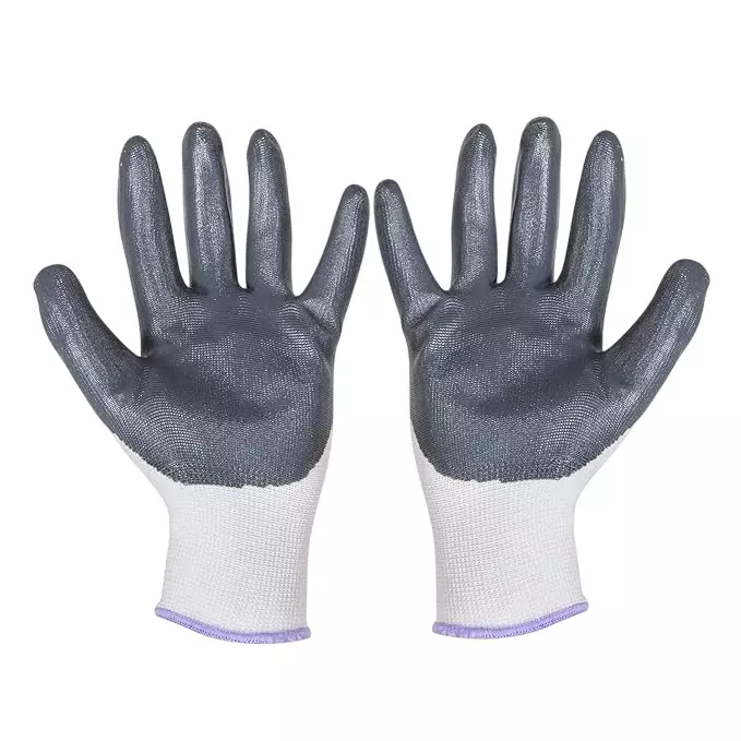 ANGELSAFE Cut Resistance Hand Gloves Free Size White & Grey Color Cotton Material with Nitrile Coating (Pack of 12 Pair)