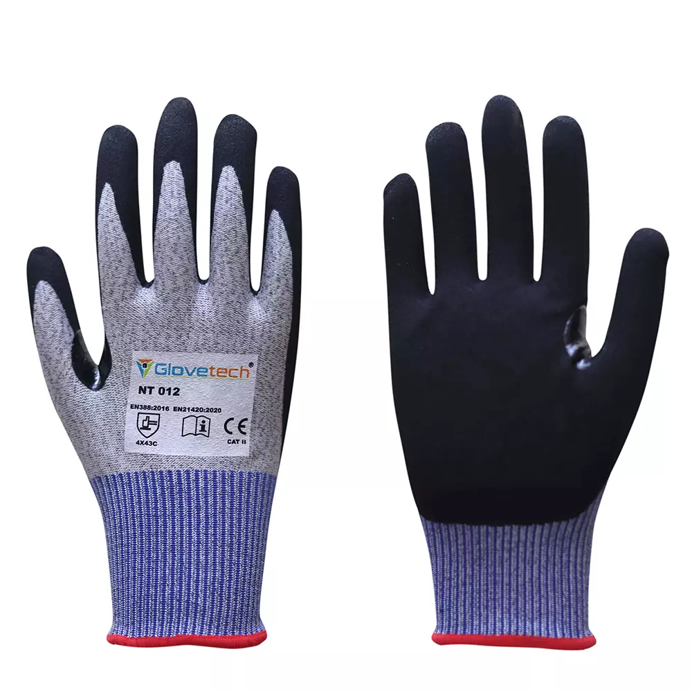 Glovetech Cut Resistant Gloves Palm Coated Black, Blue & Gray Large Size, NT 012 (Pack of 180 Pair)
