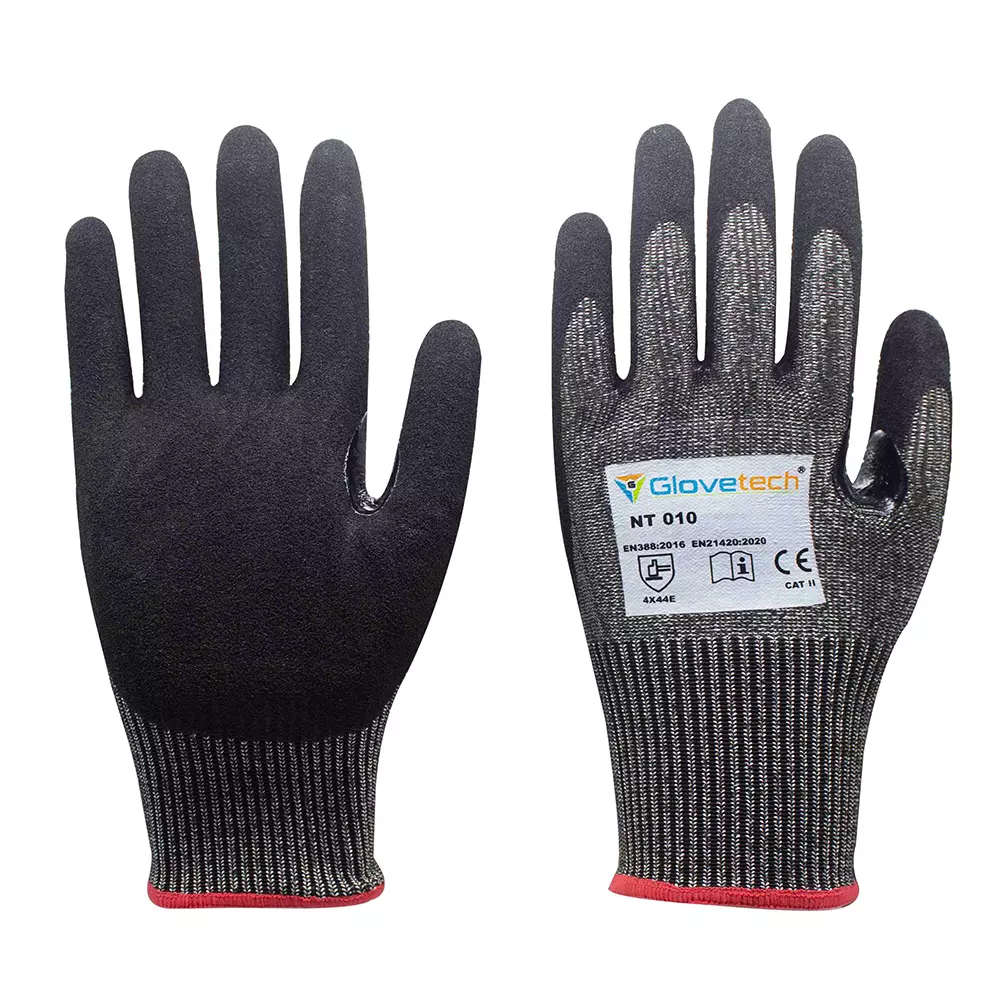 Glovetech Cut Resistant Gloves Palm Coated Black & Dark Gray XL Size, NT 010 (Pack of 180 Pair)