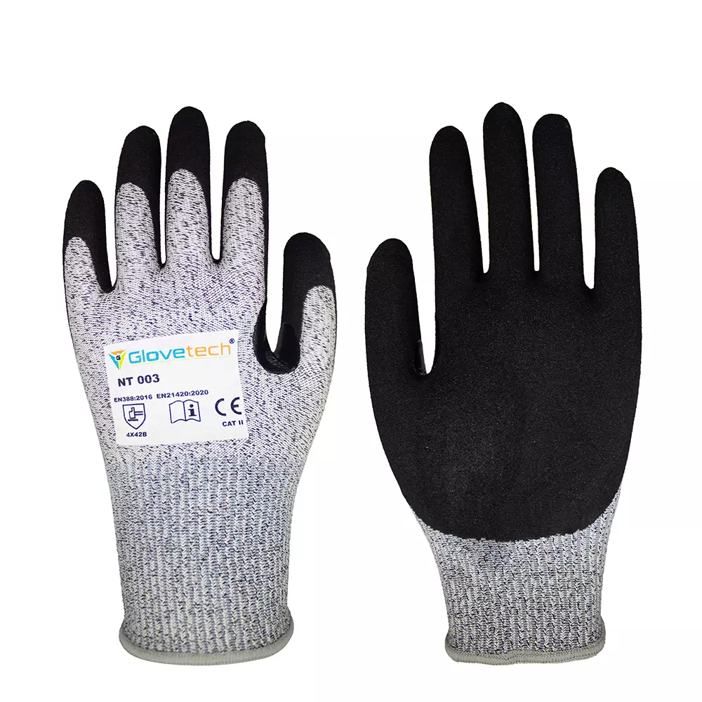 Glovetech Cut Resistant Gloves Dip Coated Black & Gray Medium Size, NT 003 (Pack of 180 Pair)