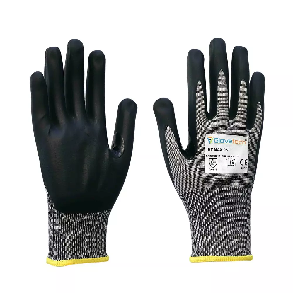 Glovetech Ultra-Thin Nitrile Palm Coated Cut Resistant Gloves Black & Gray 3XL Size, NT MAX 05 (Pack of 180 Pair)
