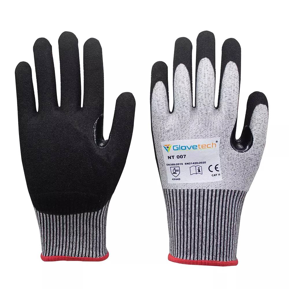 Glovetech Cut Resistant Gloves Sandy Finish Coated Black & Gray 3XL Size, NT 007 (Pack of 180 Pair)