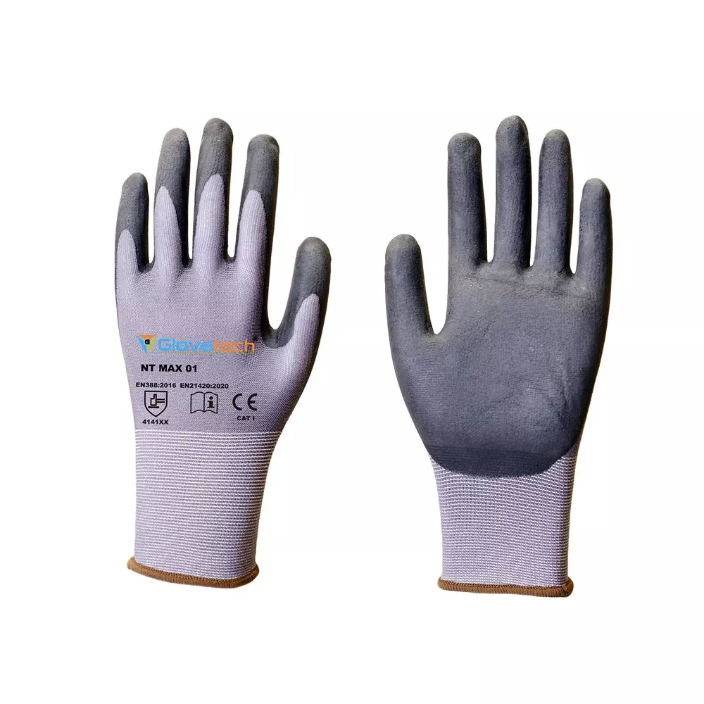 Glovetech Ultra-Thin Nitrile Micro Foam Coated Gloves Black & Gray XL Size, NT MAX 01 (Pack of 180 Pair)