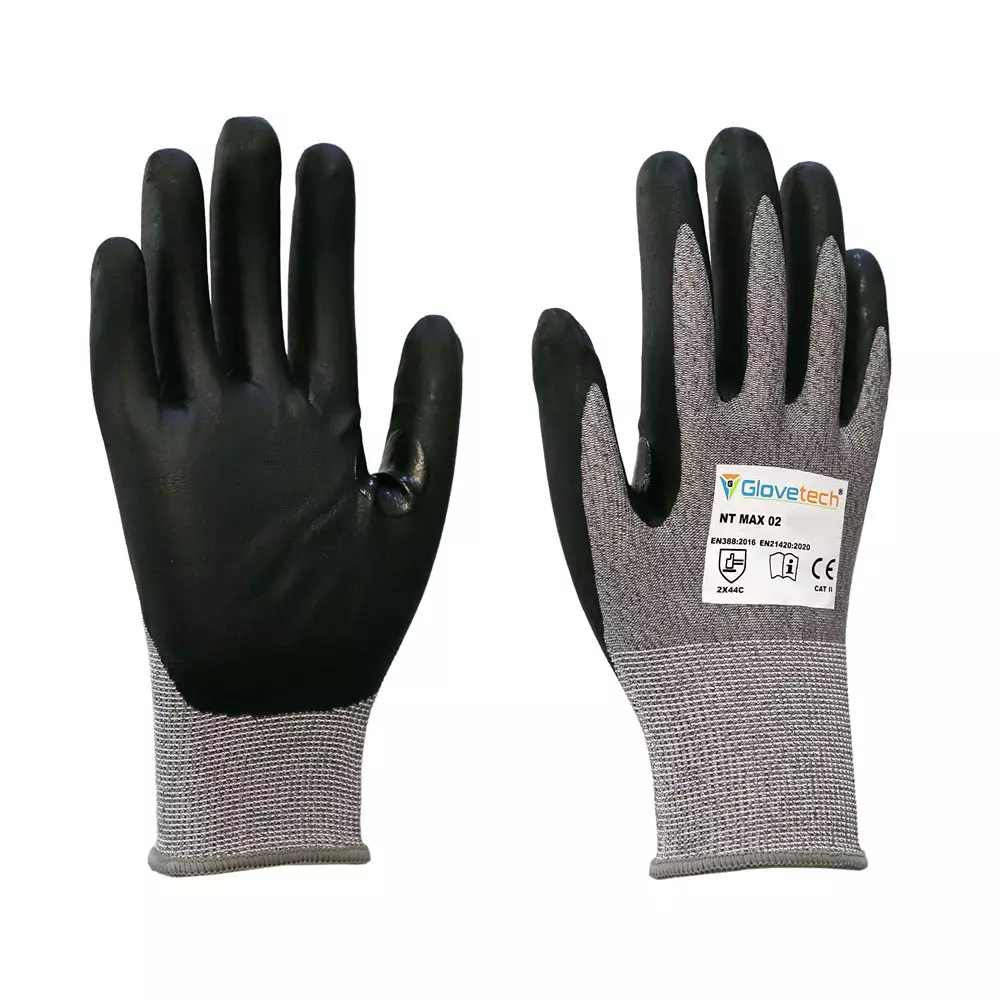 Glovetech Ultra-Thin Nitrile Palm Coated Cut Resistant Gloves Black & Gray Large Size 18 Gauge, NT MAX 02 (Pack of 180 Pair)