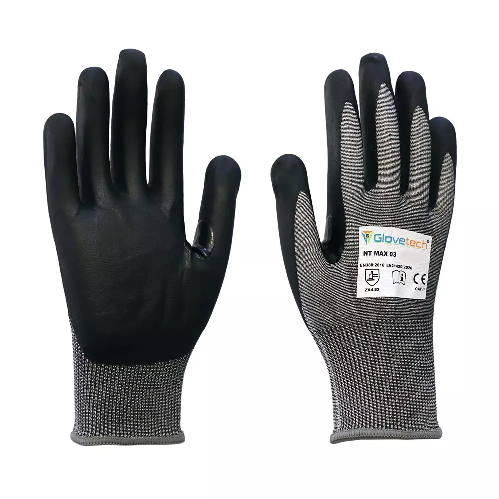 Glovetech Ultra-Thin Nitrile Foam Coated Cut Resistant Gloves Black & Gray 3XL Size 18 Gauge, NT MAX 03 (Pack of 180 Pair)