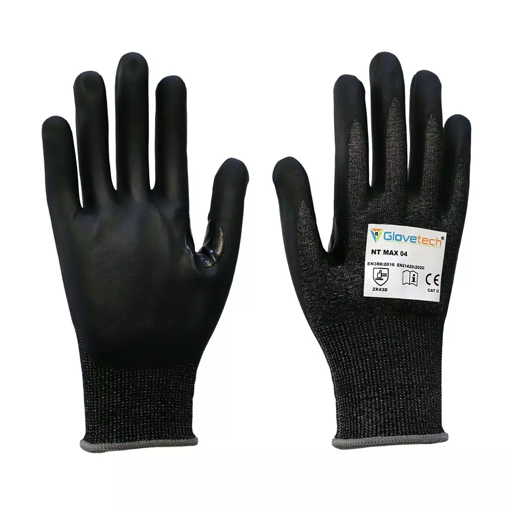 Glovetech Ultra-Thin Nitrile Palm Coated Cut Resistant Gloves Black 18 Gauge, NT MAX 04, Pack of 180 Pair (Size: Small - 3XL)