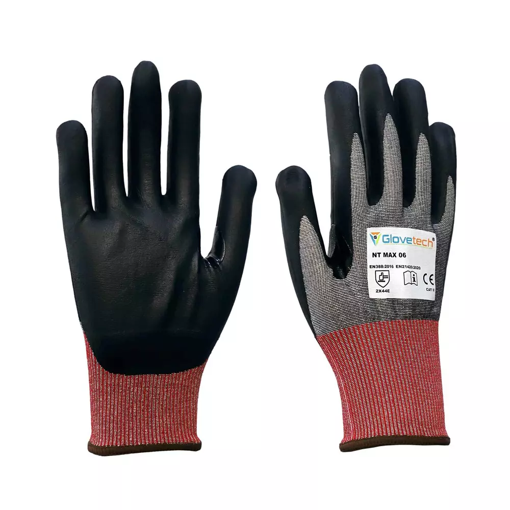 Glovetech Ultra-Thin Nitrile Coated Cut Resistant Gloves Sandy Finish Black, Gray & Red Medium Size, NT MAX 06 (Pack of 180 Pair)