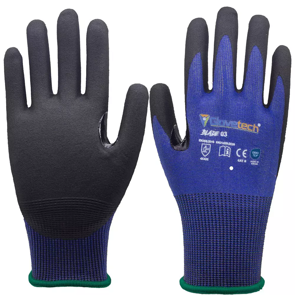 Glovetech Cut Resistant Gloves Micro Foam Coated Black & Blue XL Size, BLADE 03 (Pack of 180 Pair)