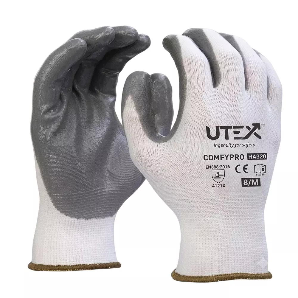 UTEX Comfypro Safety Hand Gloves White & Grey L Size Knitted Pattern Polyester for Industrial Use, HA207 (Pack of 24 Pair)