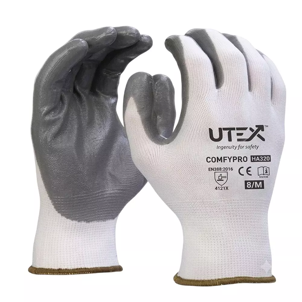 UTEX Comfypro Safety Hand Gloves White & Grey M Size Knitted Pattern Polyester for Industrial Use, HA207 (Pack of 24 Pair)