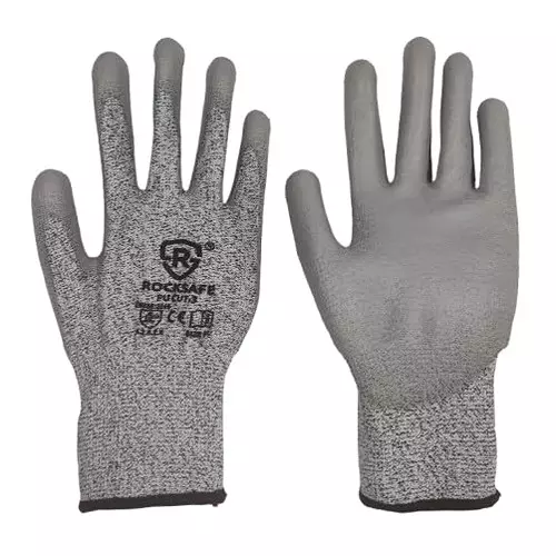 ROCKSAFE Cut-Resistant Gloves PU Coated Polyester Level 3 Grey Free Size (Pack of 60 Pairs)
