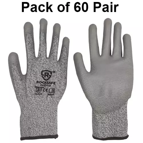 ROCKSAFE Cut-Resistant Gloves PU Coated Polyester Level 3 Grey Free Size (Pack of 60 Pairs)