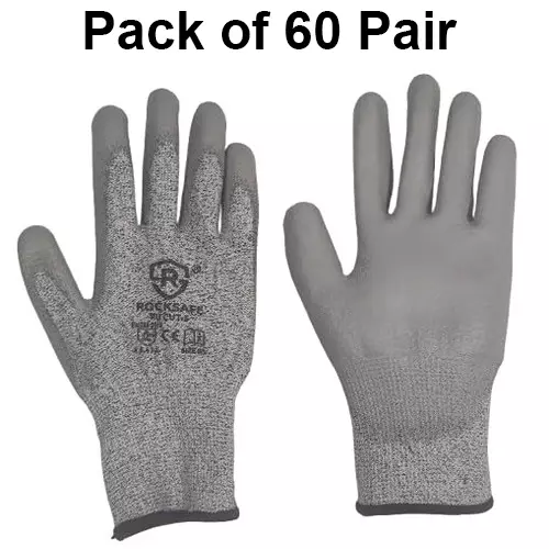 ROCKSAFE Cut-Resistant Gloves PU Coated Polyester Level 5 Grey Free Size (Pack of 60 Pairs)