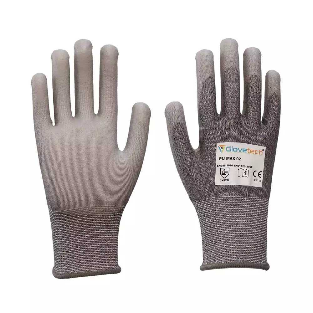 Glovetech Cut Resistant Safety Gloves Palm Coated Gray Small Size 18 Gauge, PU MAX 02 (Pack of 180 Pair)