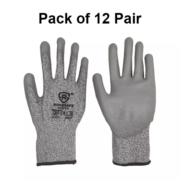 ROCKSAFE Cut-Resistant Gloves PU Coated Polyester Level 3 Grey Free Size (Pack of 12 Pairs)