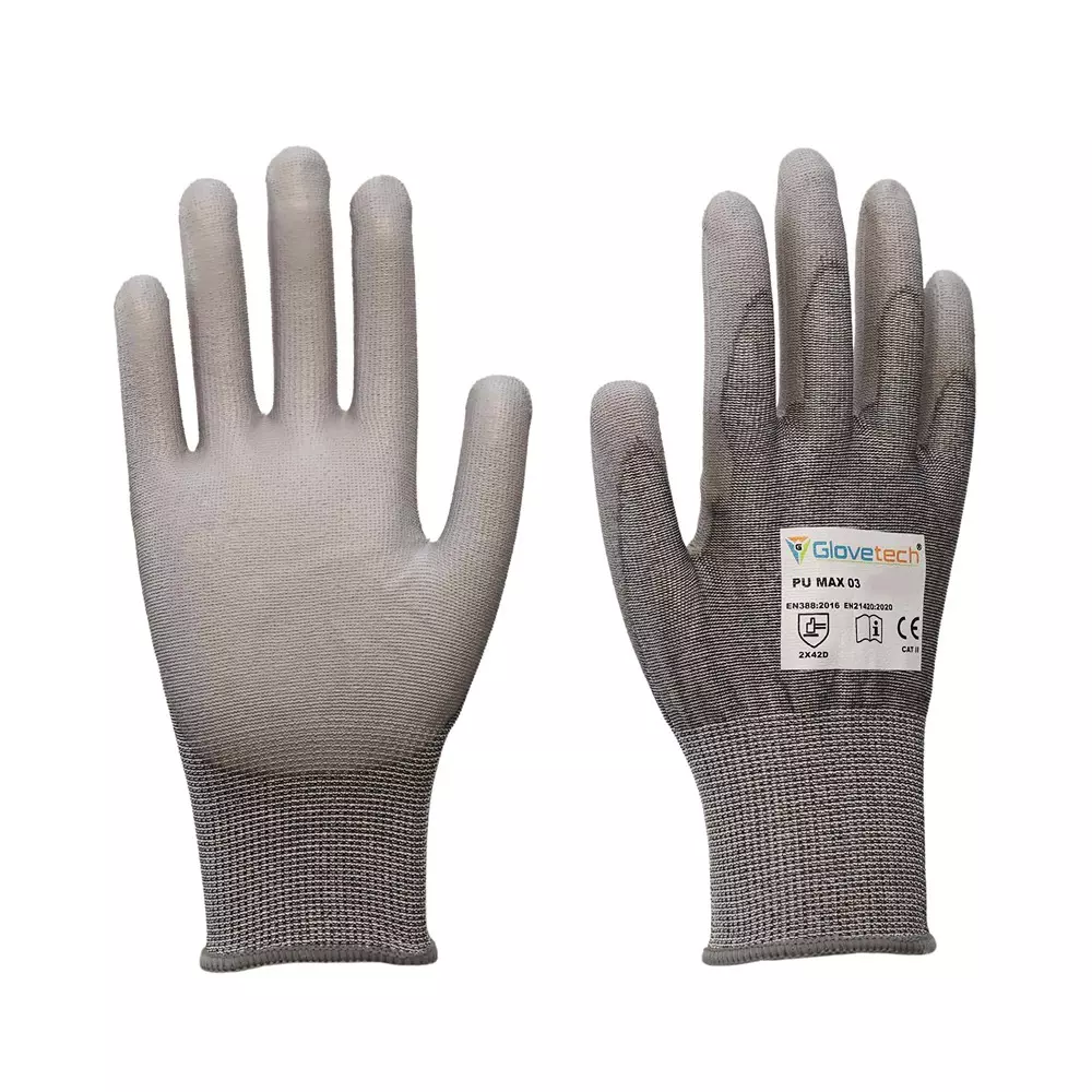Glovetech Cut Resistant Safety Gloves Palm Coated Gray Large Size 18 Gauge, PU MAX 03 (Pack of 180 Pair)