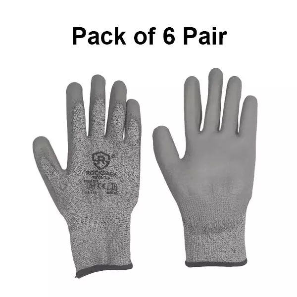 ROCKSAFE Cut-Resistant Gloves PU Coated Polyester Level 5 Grey Free Size (Pack of 6 Pairs)
