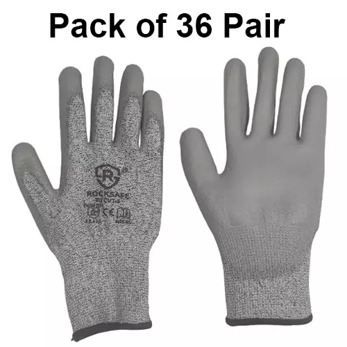 ROCKSAFE Cut-Resistant Gloves PU Coated Polyester Level 5 Grey Free Size (Pack of 36 Pairs)