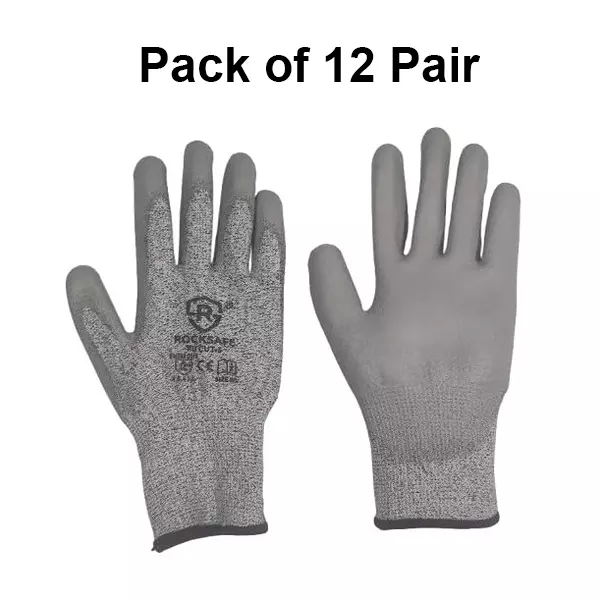 ROCKSAFE Cut-Resistant Gloves PU Coated Polyester Level 5 Grey Free Size (Pack of 12 Pairs)
