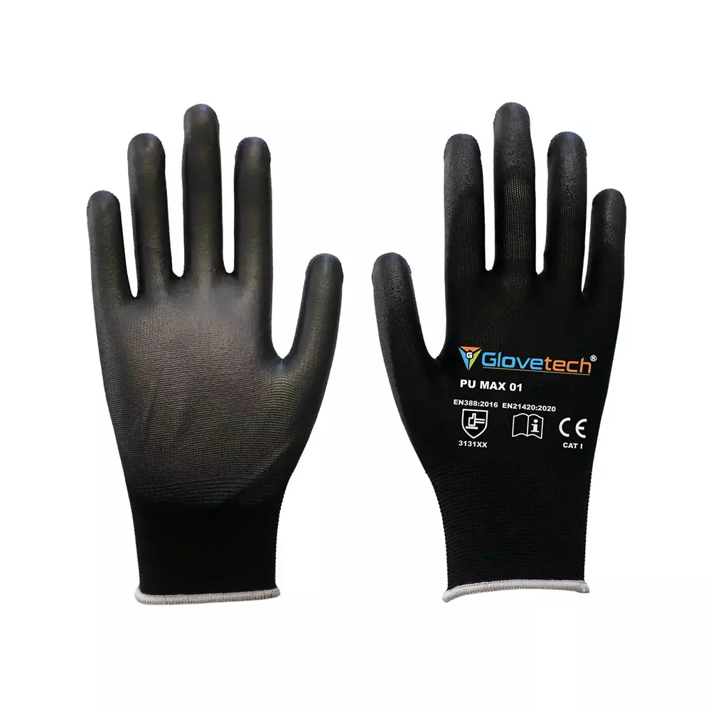 Glovetech Cut Resistant Safety Gloves Palm Coated Black XL Size 18 Gauge, PU MAX 01 (Pack of 180 Pair)