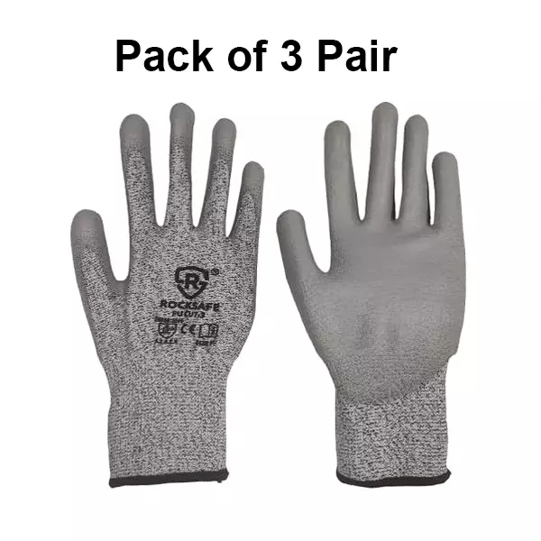ROCKSAFE Cut-Resistant Gloves PU Coated Polyester Level 3 Grey Free Size (Pack of 3 Pairs)