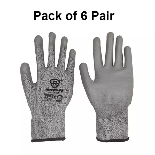ROCKSAFE Cut-Resistant Gloves PU Coated Polyester Level 3 Grey Free Size (Pack of 6 Pairs)