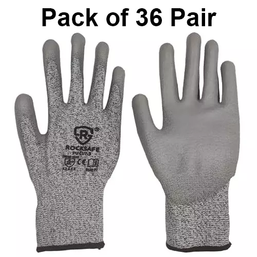 ROCKSAFE Cut-Resistant Gloves PU Coated Polyester Level 3 Grey Free Size (Pack of 36 Pairs)