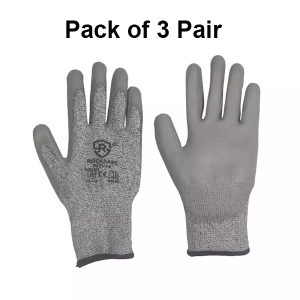 ROCKSAFE Cut-Resistant Gloves PU Coated Polyester Level 5 Grey Free Size (Pack of 3 Pairs)