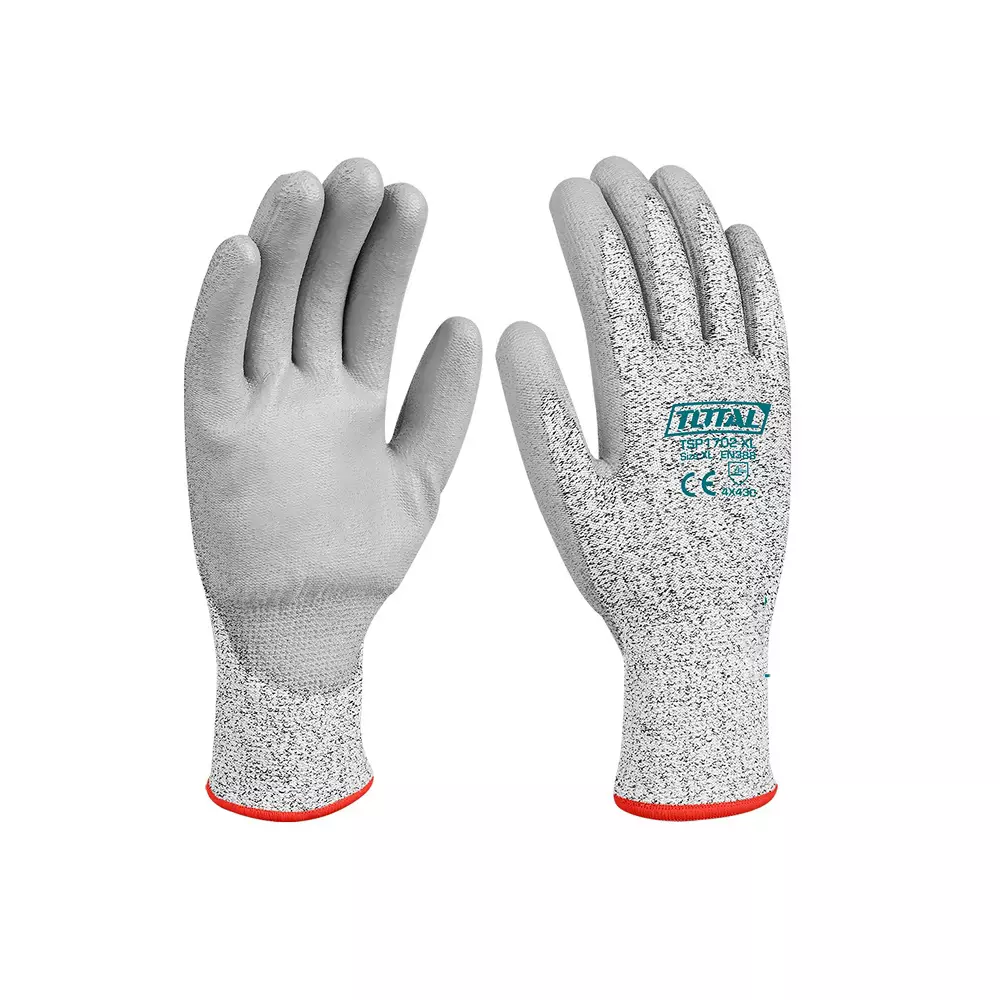 Total Cut-Resistance Gloves HPPE Shell PU Coated Palm Level 5 Protection Size XL, TSP1702-XL