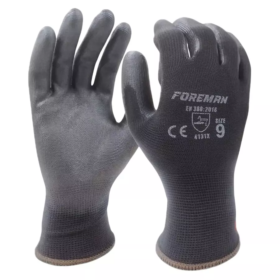Udyogi Safety Gloves Black Nylon Smooth PU Coating for Multipurpose Use, Foreman (Pack of 120 Pair)
