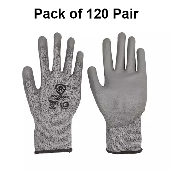 ROCKSAFE Cut-Resistant Gloves PU Coated Polyester Level 3 Grey Free Size (Pack of 120 Pairs)